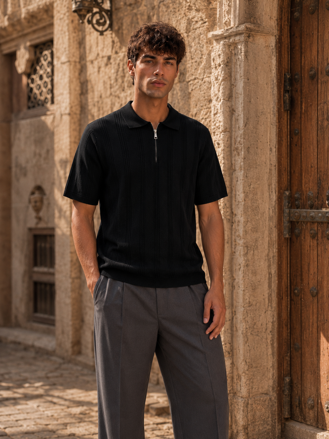 stripe knitted polo black
